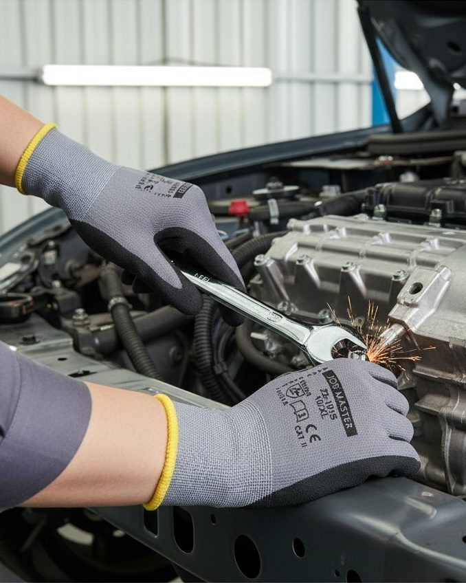 Mechanic wearing Job Master 22-101S nitrile-coated gloves