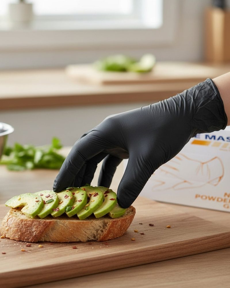 Food preparation wearing black nitrile gloves
