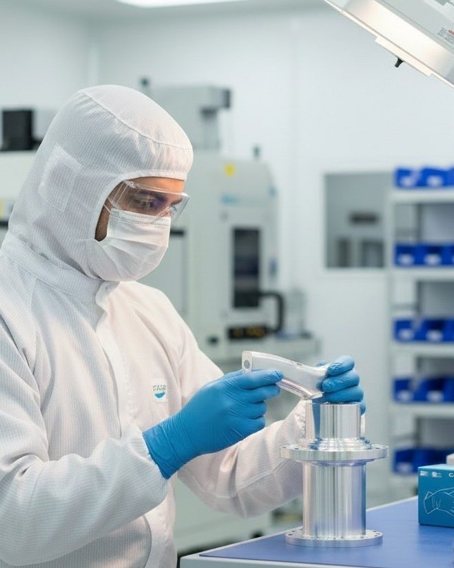 Cleanroom technician wearing Care Master blue nitrile gloves